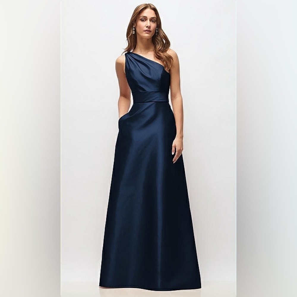 Alfred Sung Draped One Shoulder Satin Maxi Dress Midnight Navy